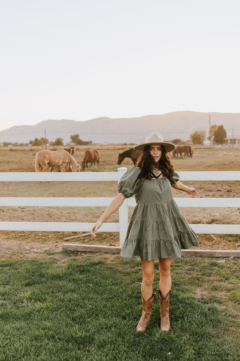 The Tannis Puff Sleeve Gingham Dress in Olive + Ivory