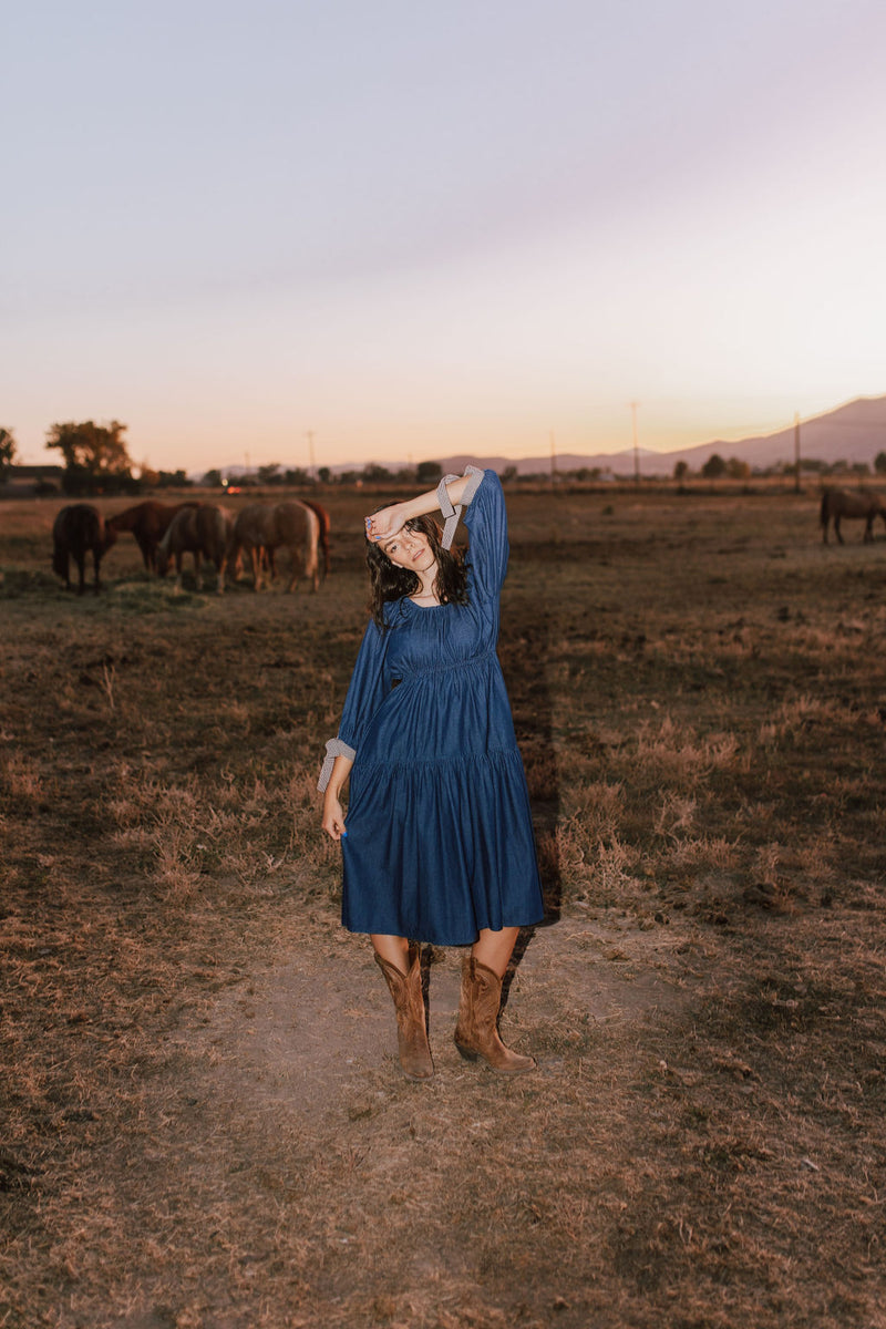 The Zambrano Tiered Tie Detail Dress in Dark Denim