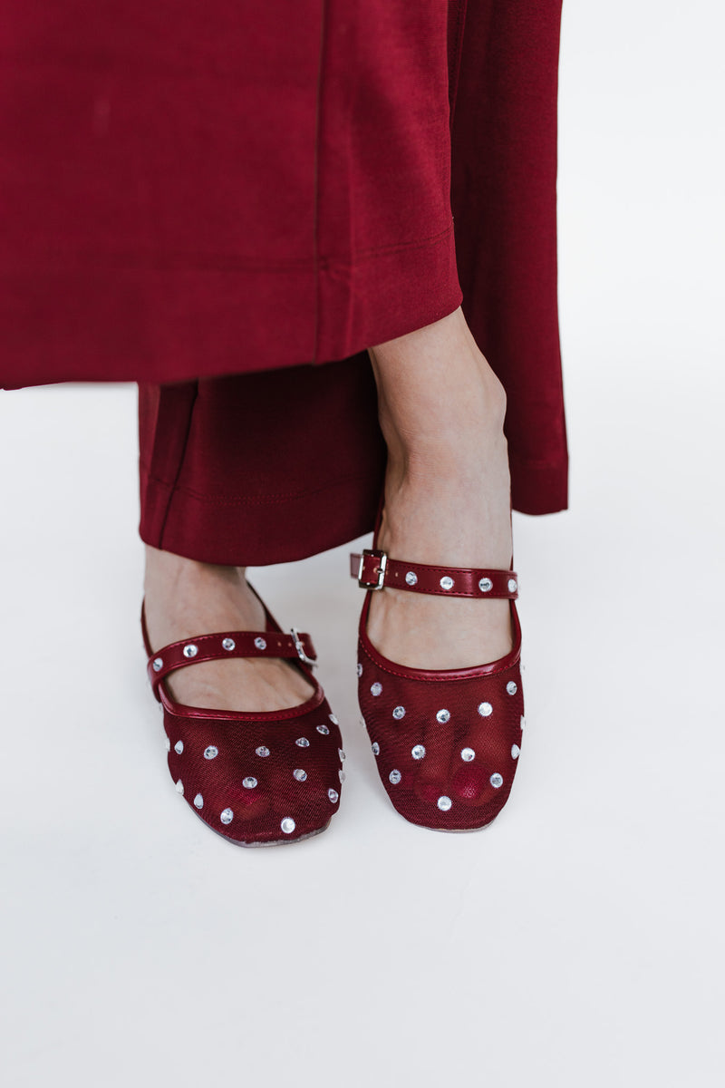 The Janie Rhinestone Mesh Ballet Flat in Red