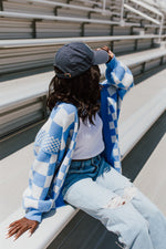 The Off the Wall Checkered Cardigan in Ocean