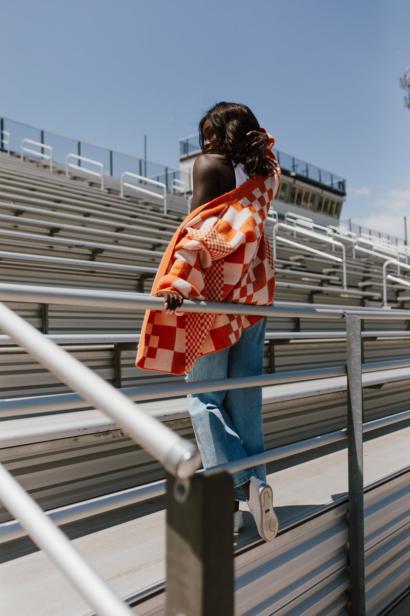 The Off the Wall Checkered Cardigan in Melon