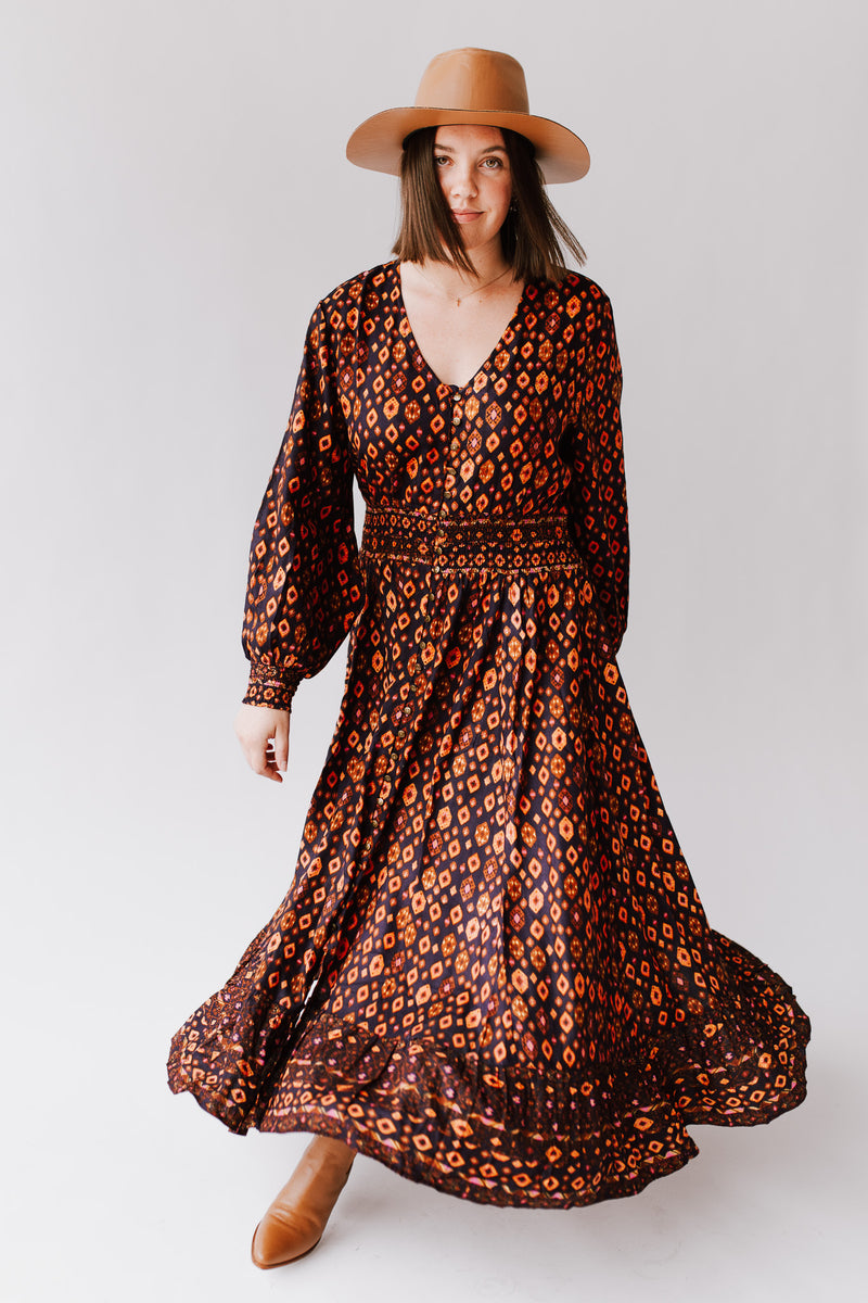 The Barcelona Patterned Maxi Dress in Midnight Jewel