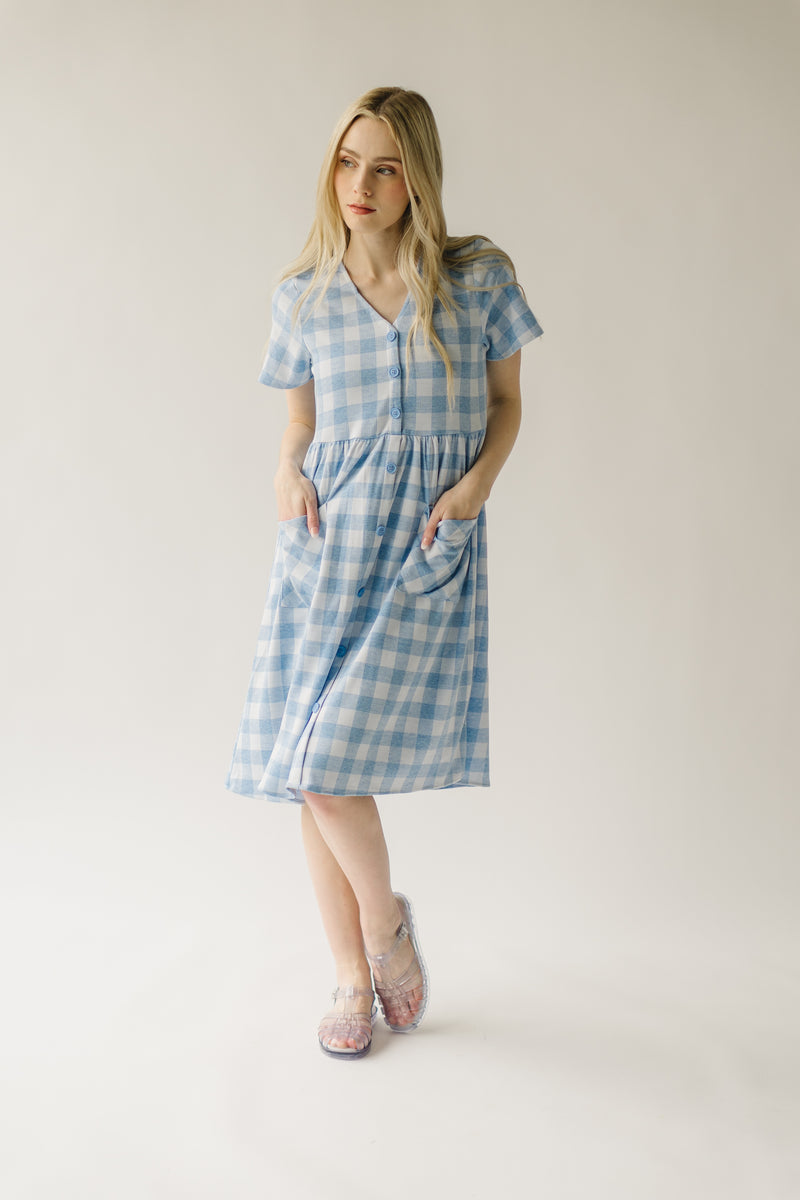 The Boice Button Front Gingham Dress in Blue Mutli