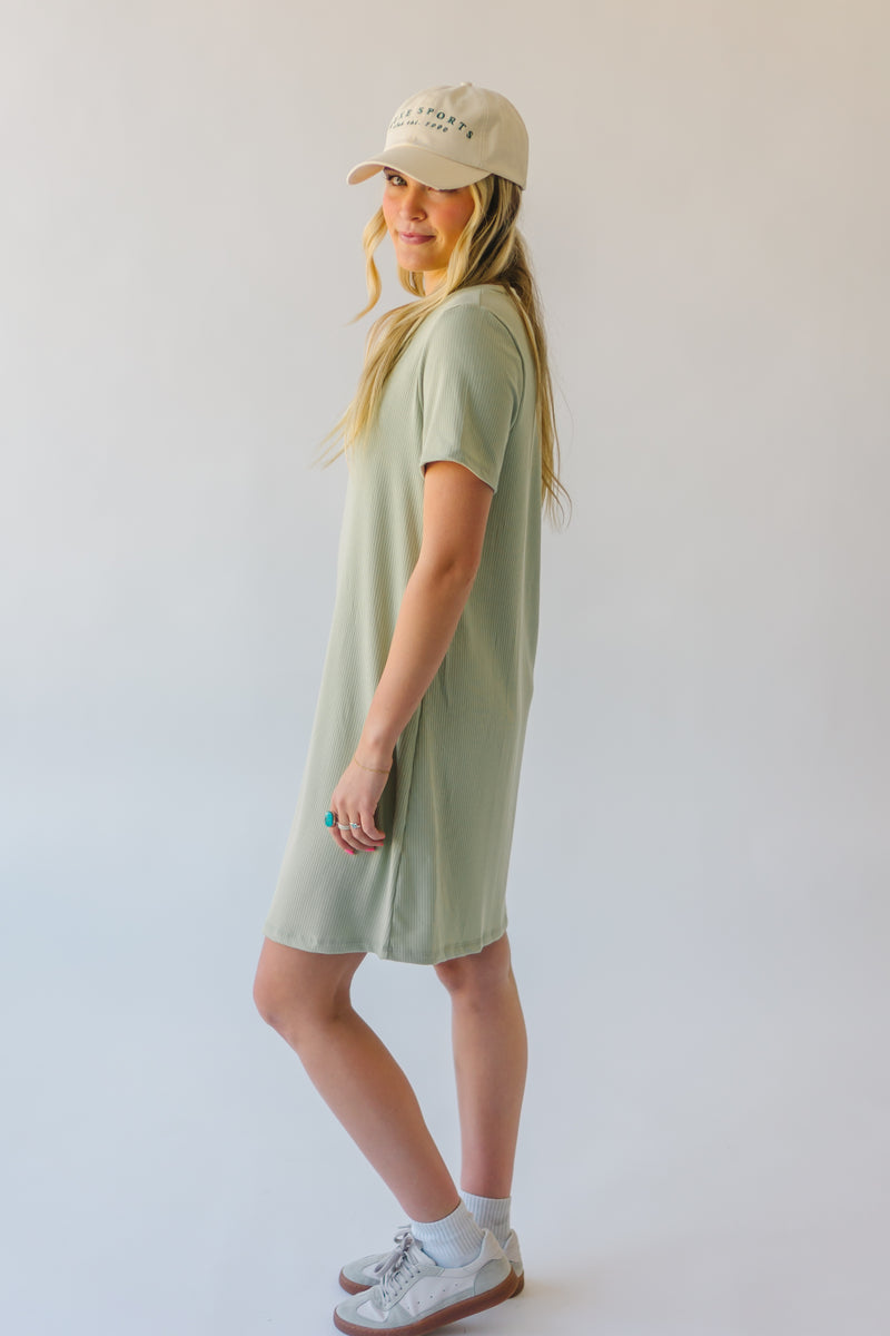 The Nyman Ribbed V-Neck Tee Dress in Sage