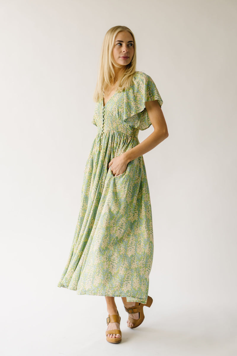 The Helly Smocked Button-Down Maxi Dress in Fern