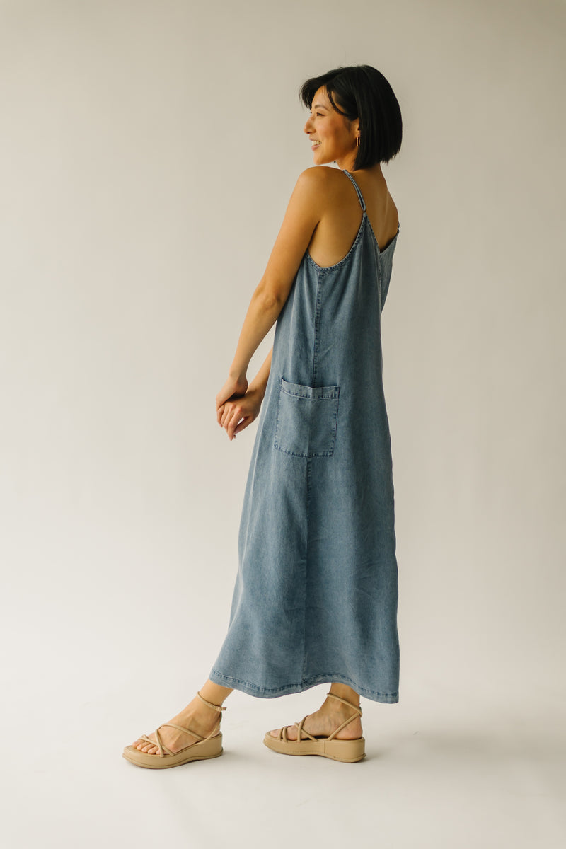 The Tolley Pocket Detail Overall Dress in Denim Blue