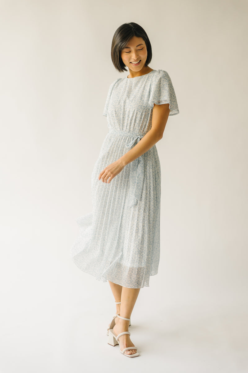 The Thornhill Pleated Midi Dress in Ivory + Blue Floral