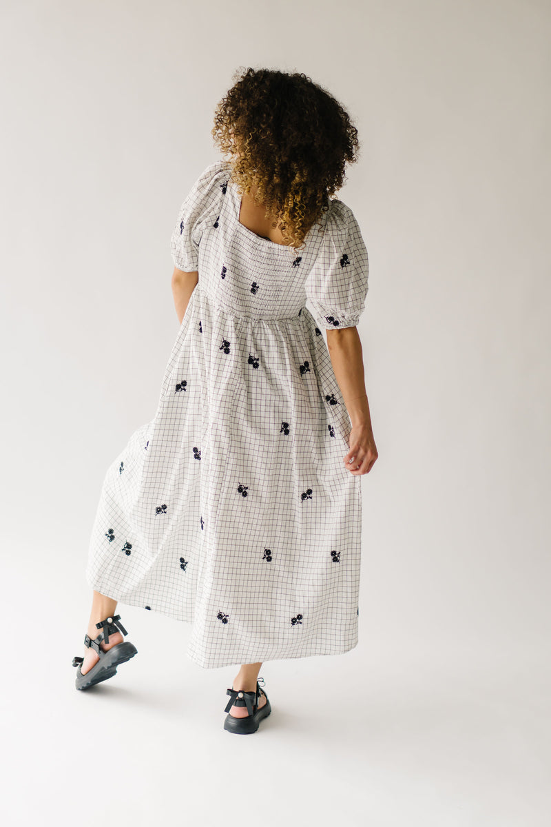 The Inkley Embroidered Midi Dress in Black + Cream Grid