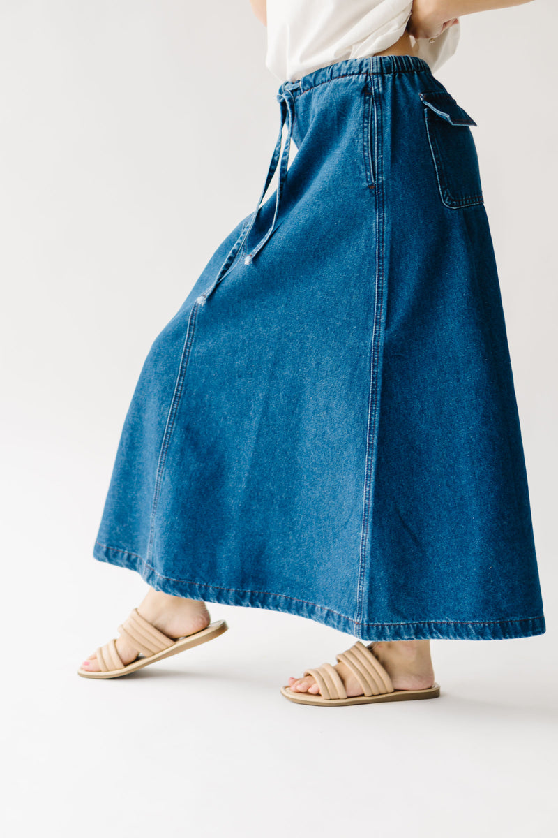 The Karly Flare Maxi Skirt in Denim Blue