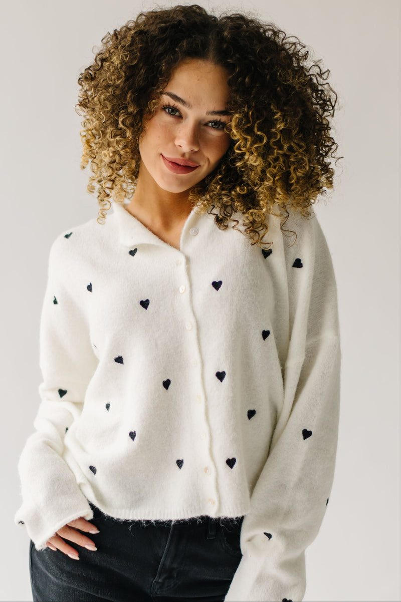 The Riggs Heart Embroidered Button-Down Sweater in Black + White