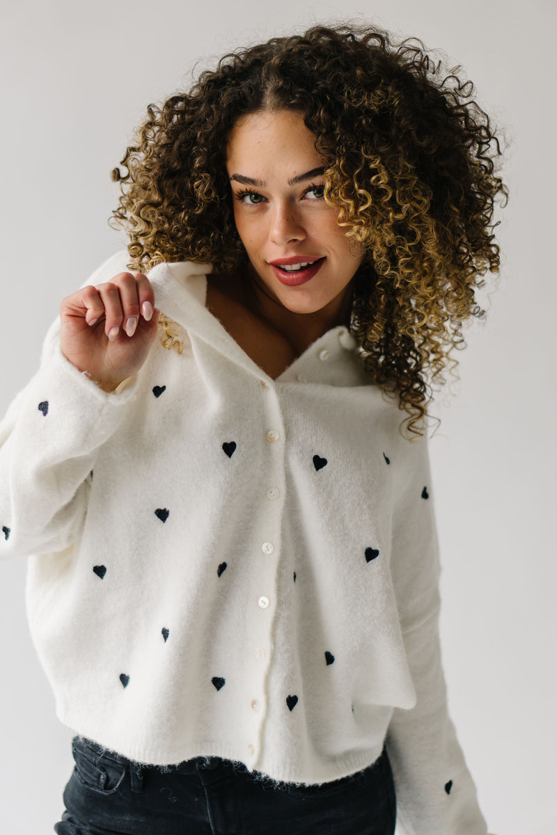 The Riggs Heart Embroidered Button-Down Sweater in Black + White