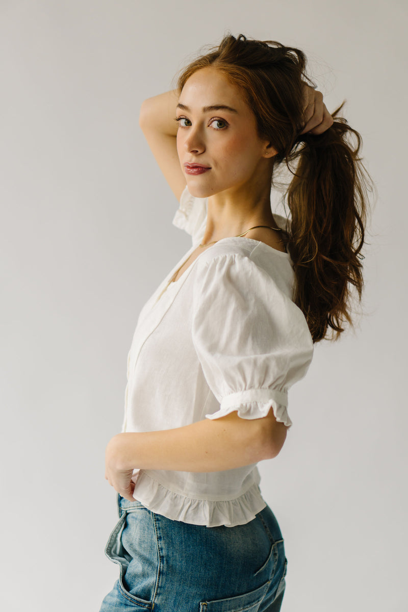 The Landerkin Ruffle Button-Up Blouse in Cream