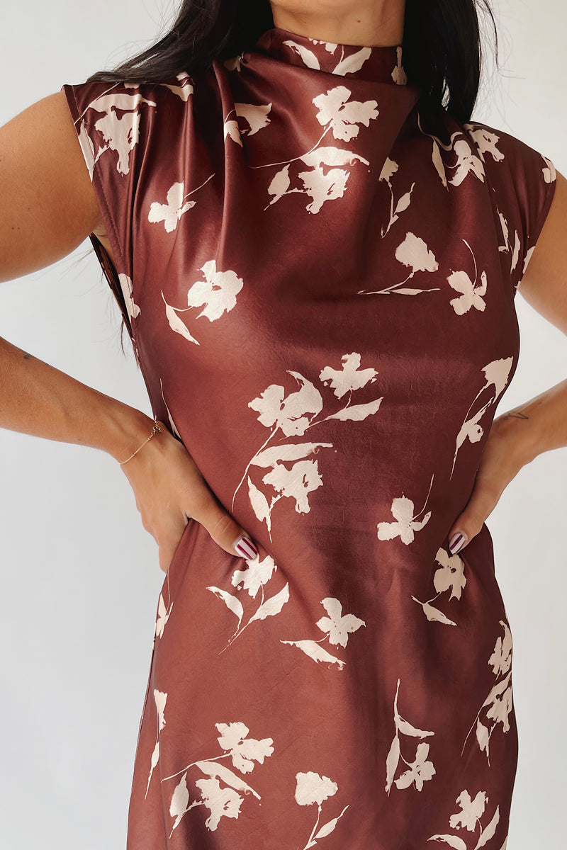 The Kendi Satin Mock Neck Maxi Dress in Brick