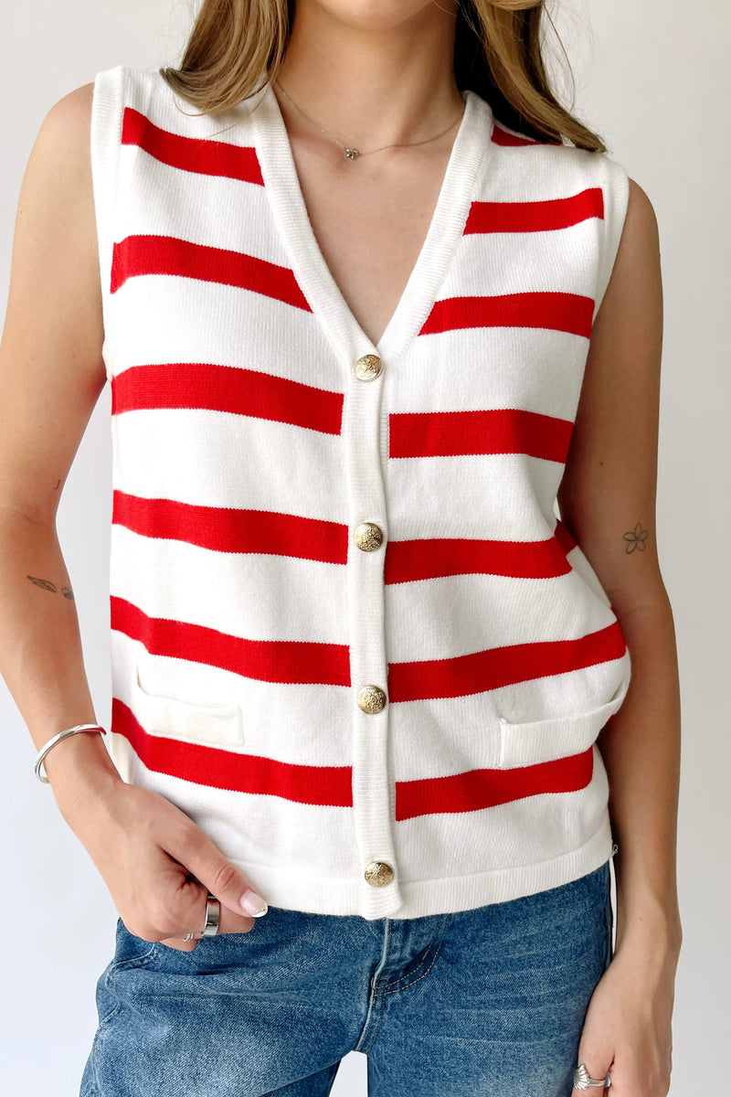 The Hanney Striped Knit Sweater Vest in Red + White