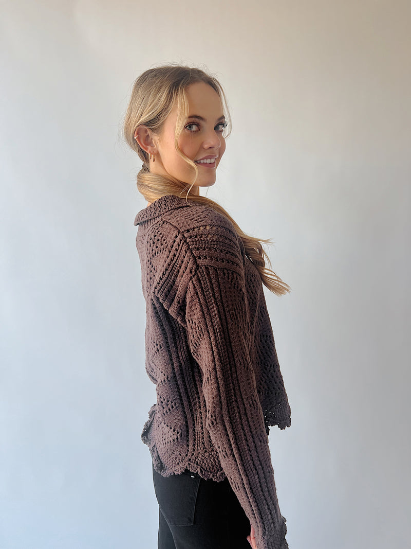 The Abigail Knit Crochet Cardigan in Brown