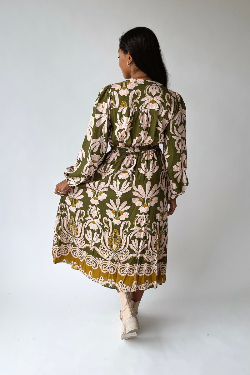 The Lia Floral Midi Dress in Olive