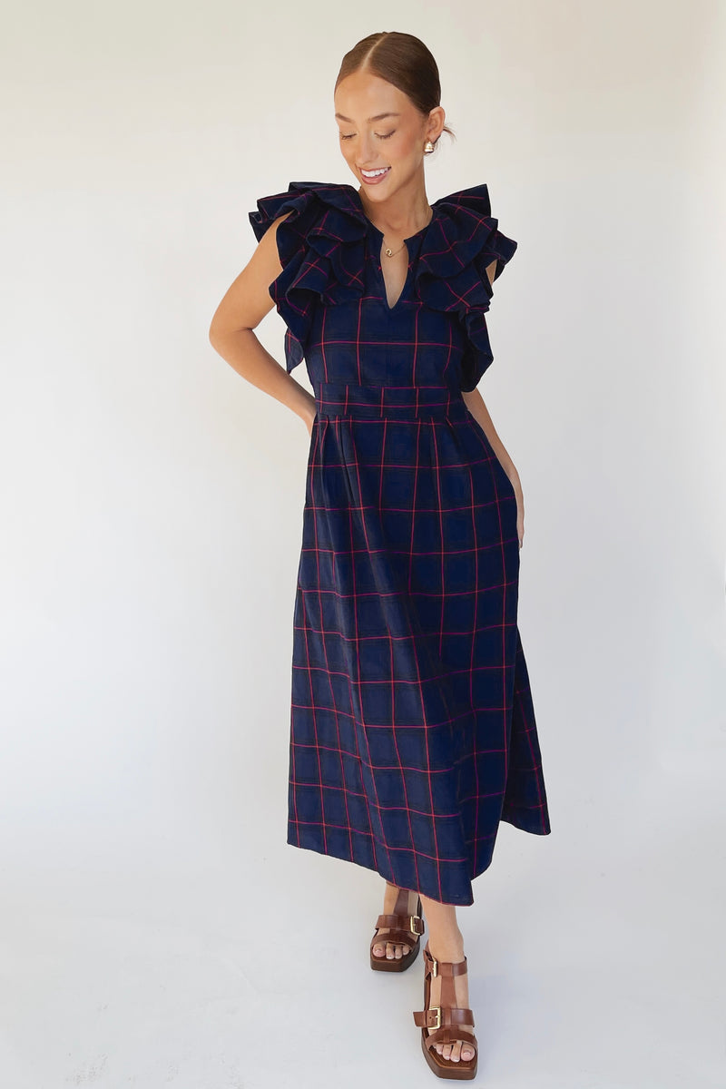 The Bauserman Ruffle Sleeve Midi Dress in Navy Plaid