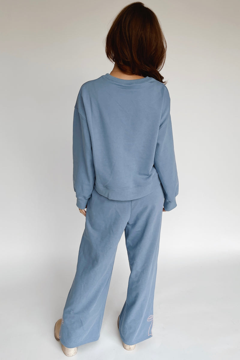 The Stevison Bow Embroidered Pant in Dusty Blue