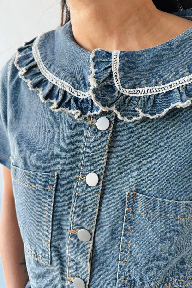 The Marasol Ruffle Collared Blouse in Denim
