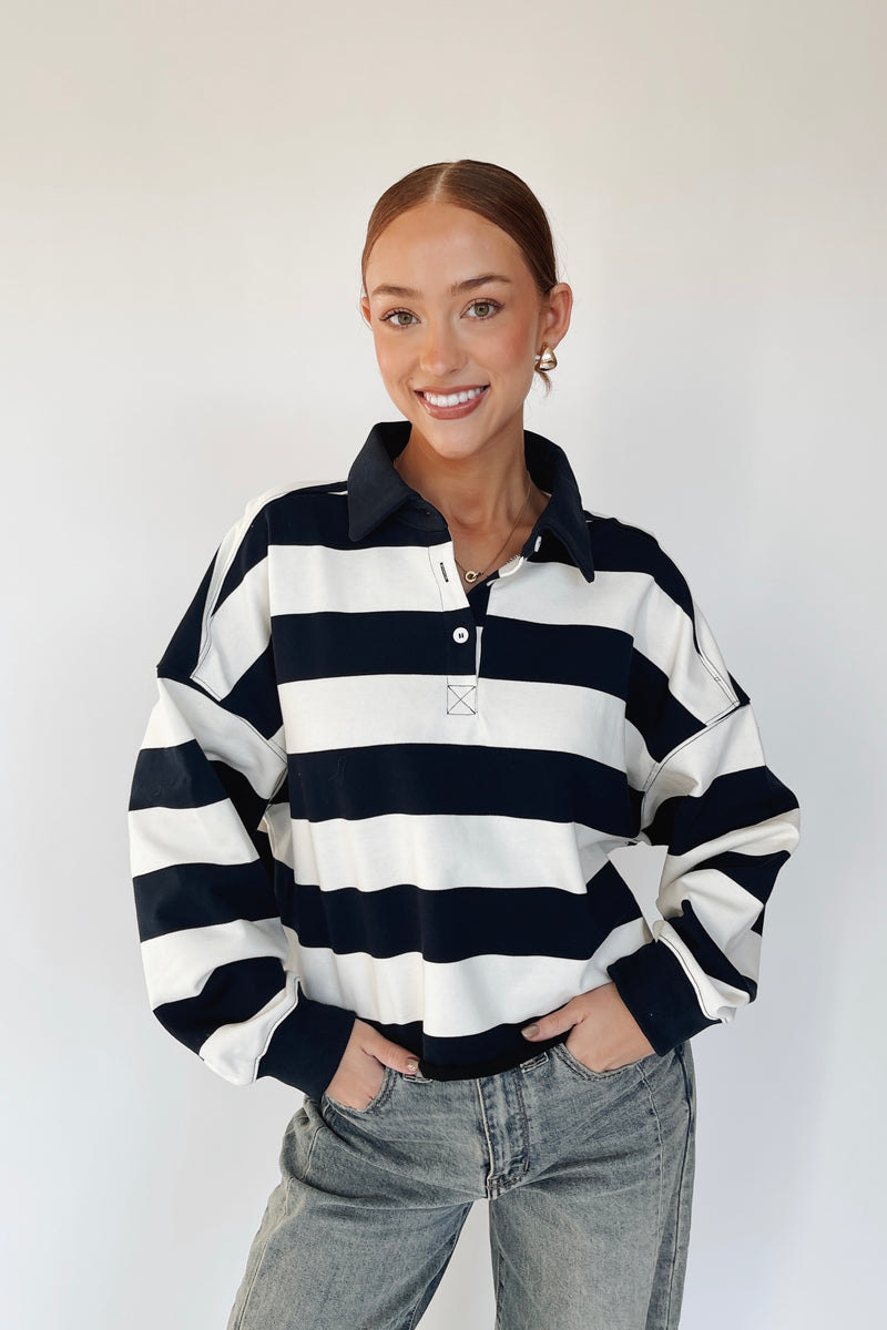 The Kenra Rugby Polo Blouse in Navy + White