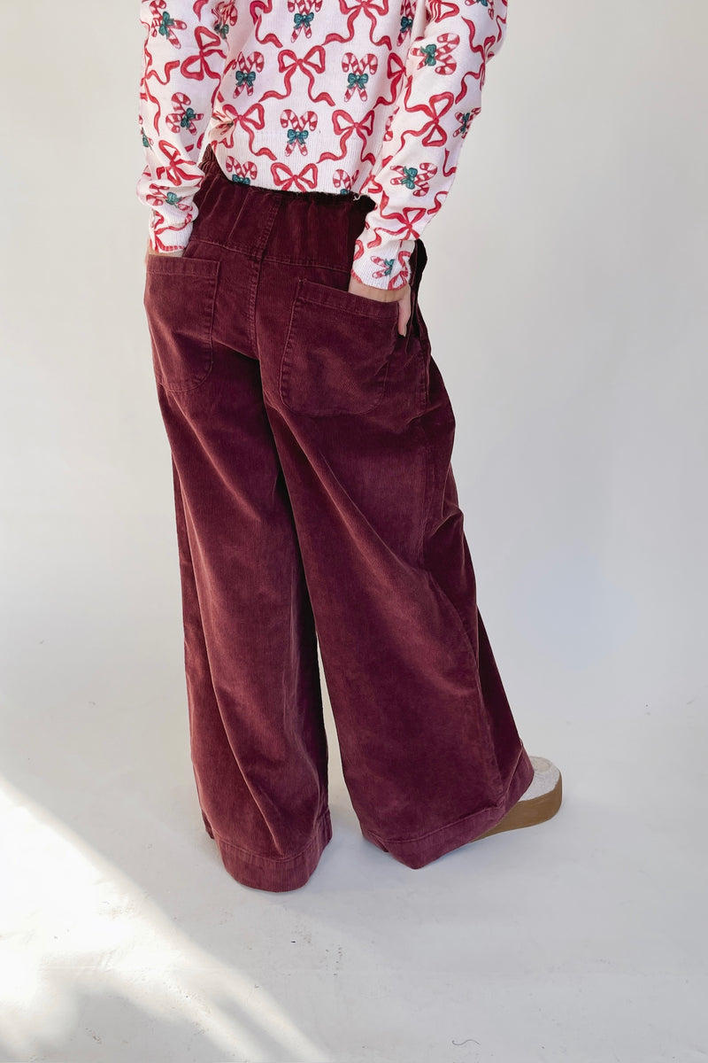 The Dorsey Corduroy Pin Tuck Wide Leg Pant in Burgundy