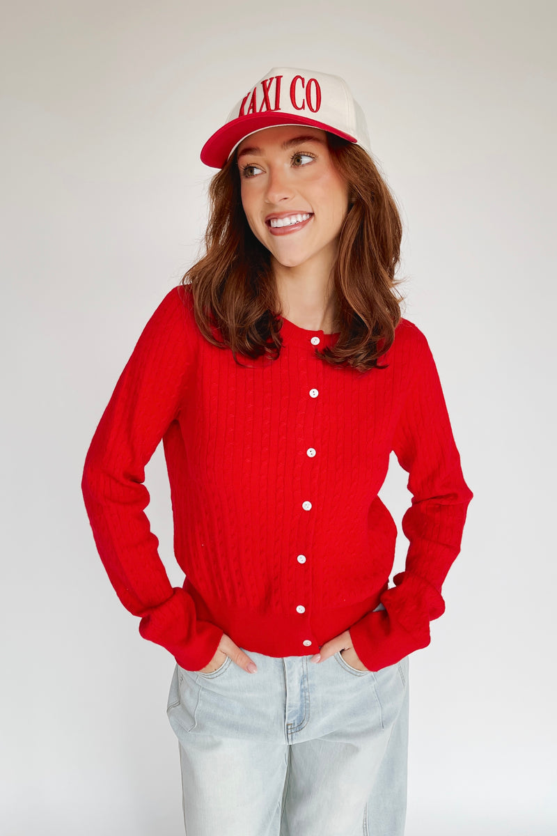 The Tomberlin Cable Knit Cardigan in Red