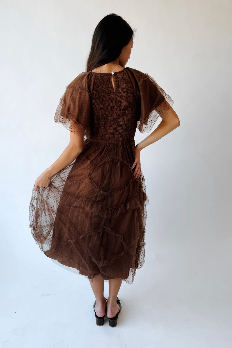 The Mazie Smocked Bodice Midi Dress in Brown