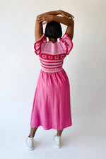 The Blaire Crochet Bodice Midi Dress in Pink