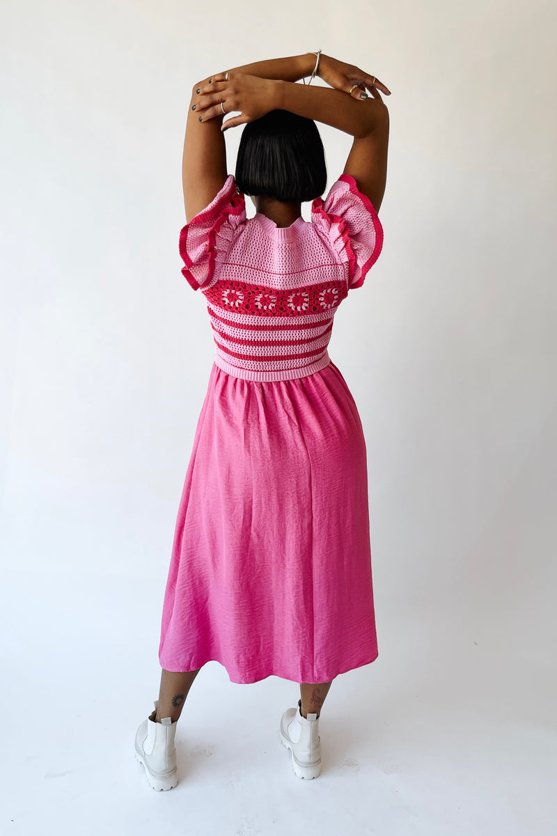 The Blaire Crochet Bodice Midi Dress in Pink