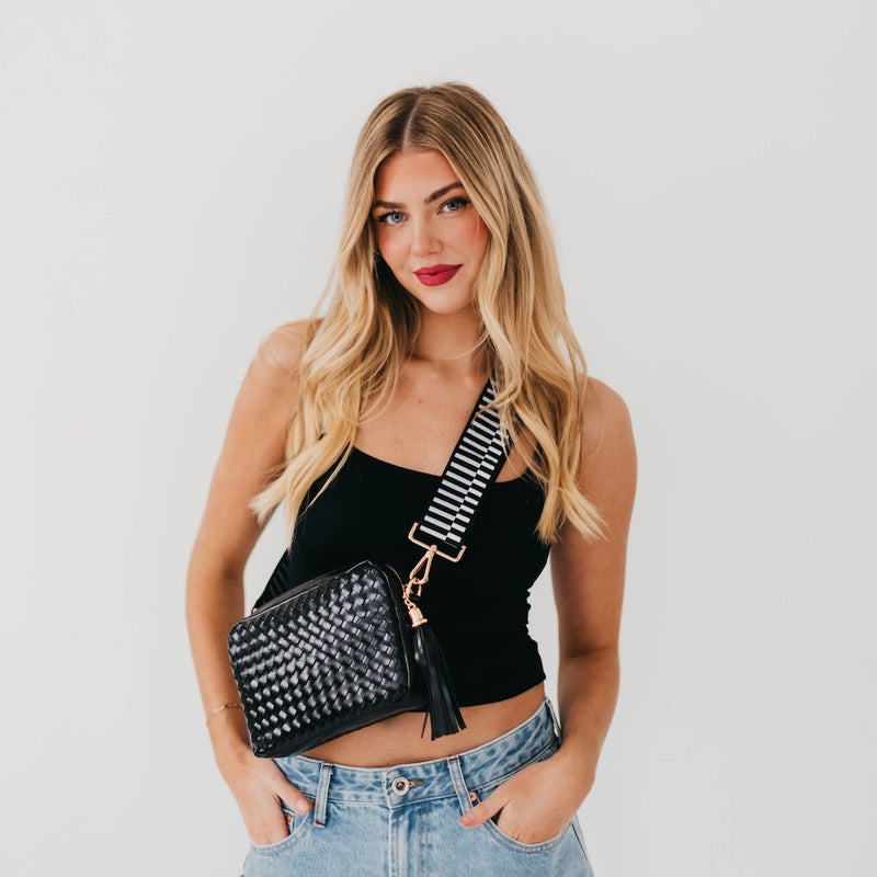 The Woven Willow Camera Crossbody Bag in Black