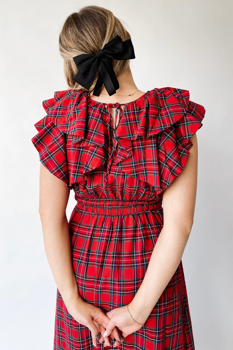 The Anya Plaid Tie Detail Midi Dress in Red Multi