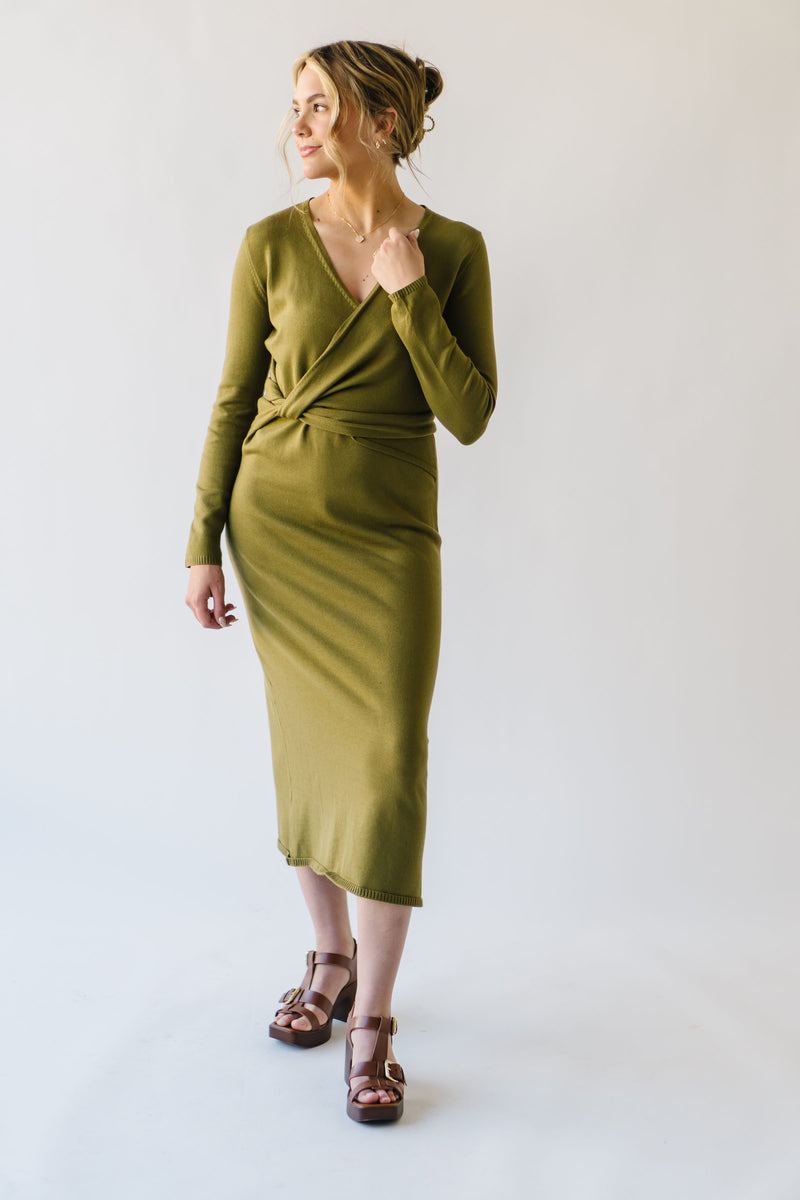 The Boyak Wrap Sweater Midi Dress in Olive