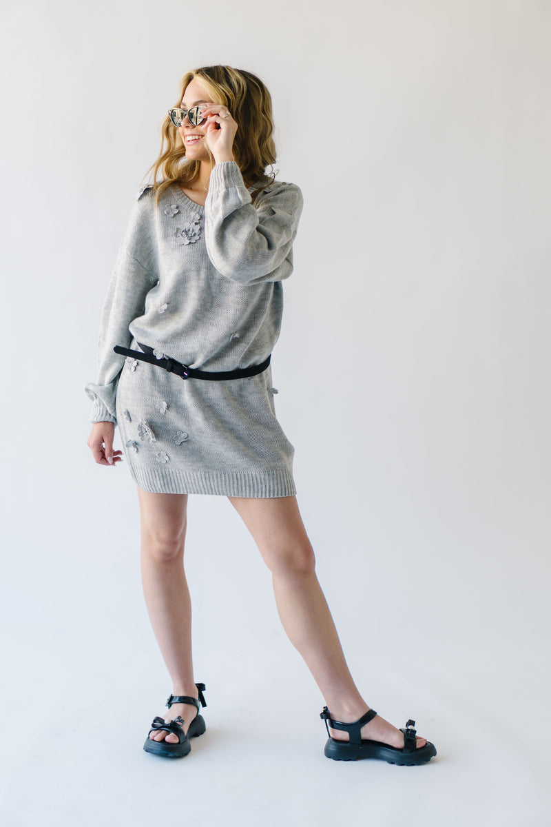 The Beeson Floral Applique Sweater Dress in Heather Grey