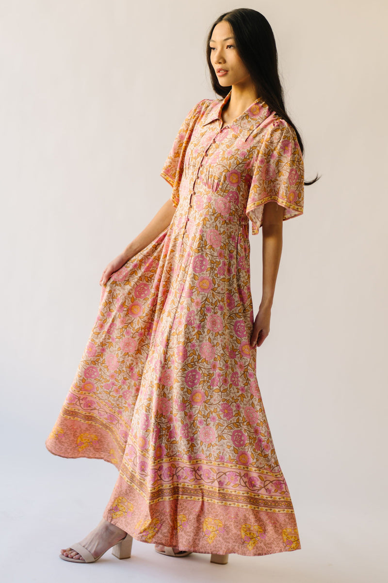 The Robbi Floral Patterned Button Maxi Dress in Vintage Rose