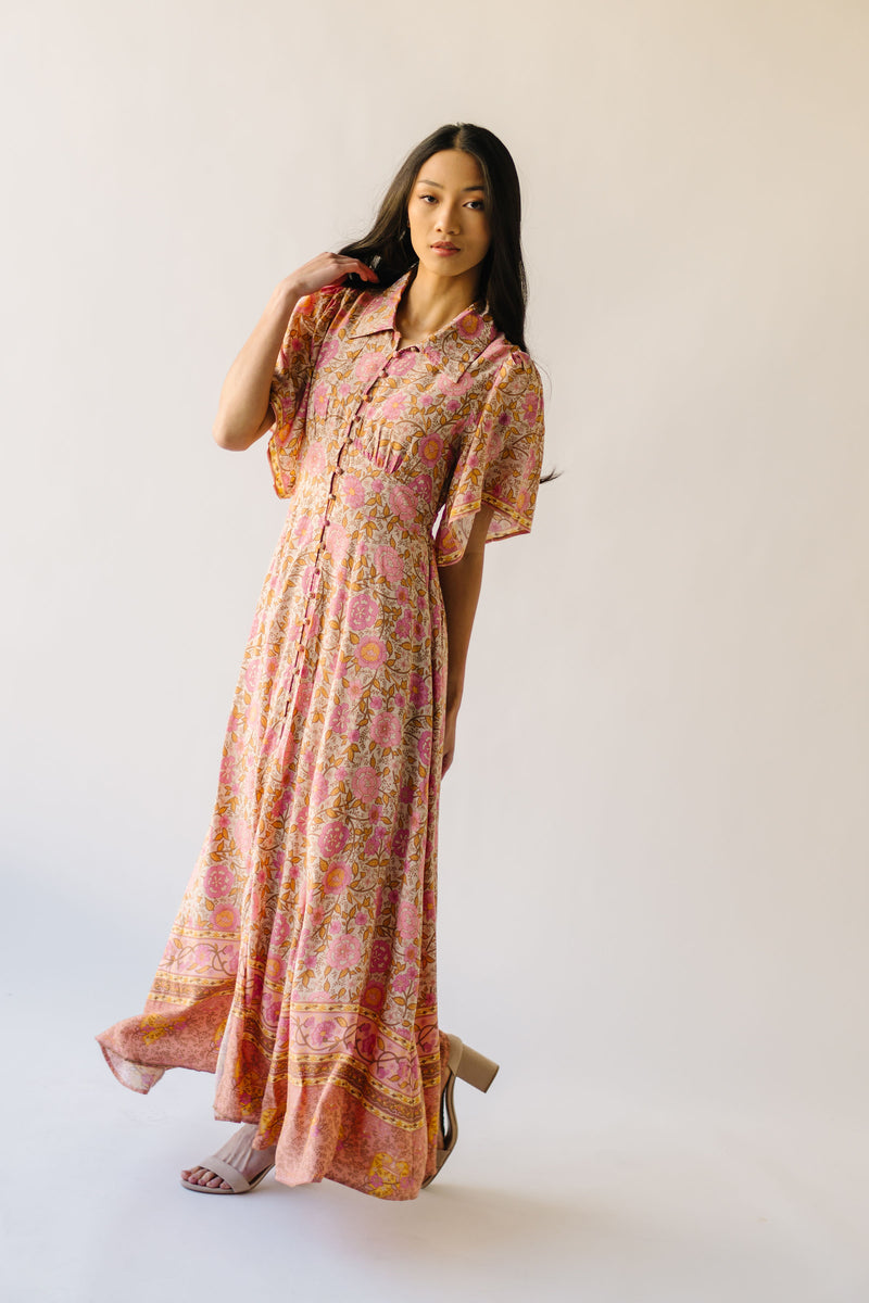 The Robbi Floral Patterned Button Maxi Dress in Vintage Rose