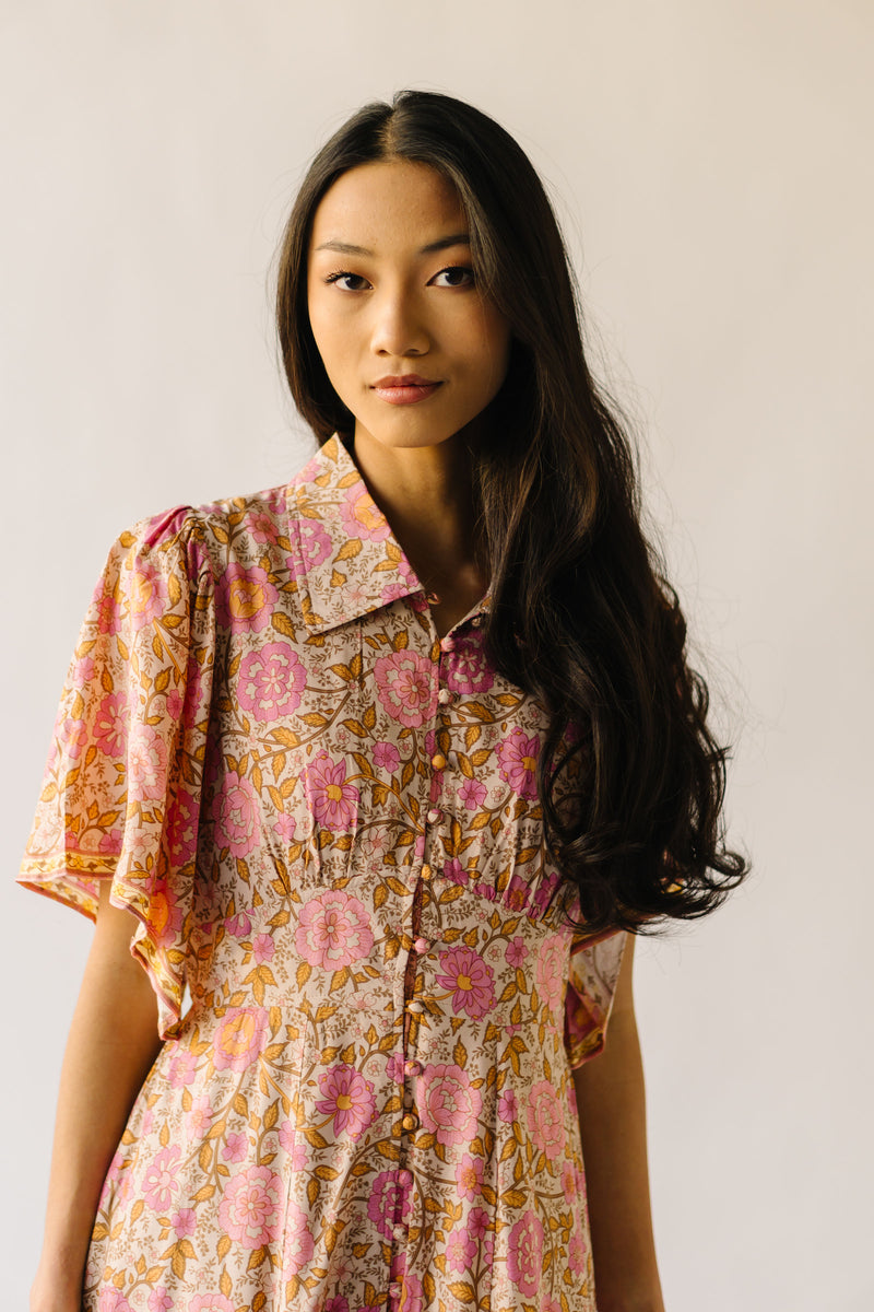 The Robbi Floral Patterned Button Maxi Dress in Vintage Rose
