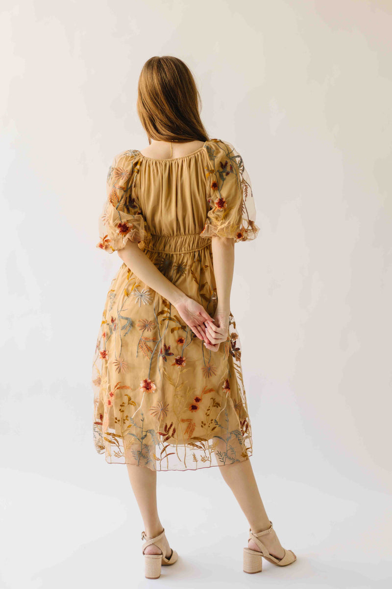 The Govan Embroidered Floral Dress in Camel