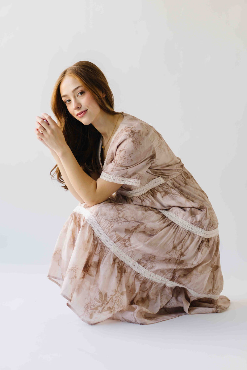 The Gendron Lace Trim Midi Dress in Taupe