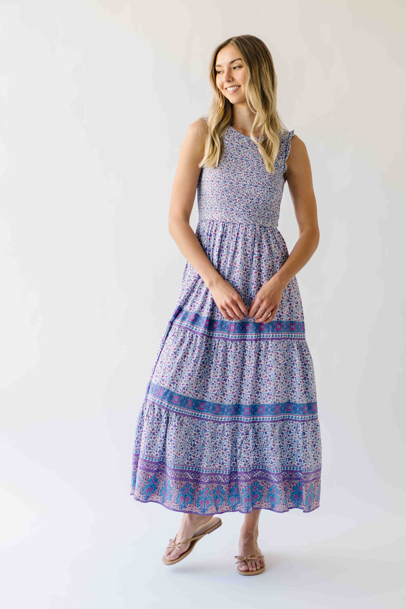 The Desiree Patterned Maxi Dress in Dusty Indigo