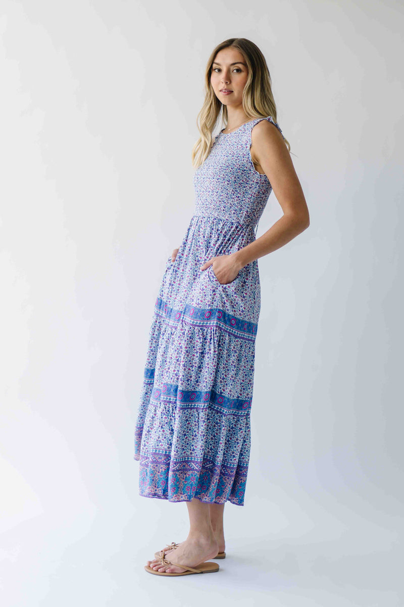 The Desiree Patterned Maxi Dress in Dusty Indigo