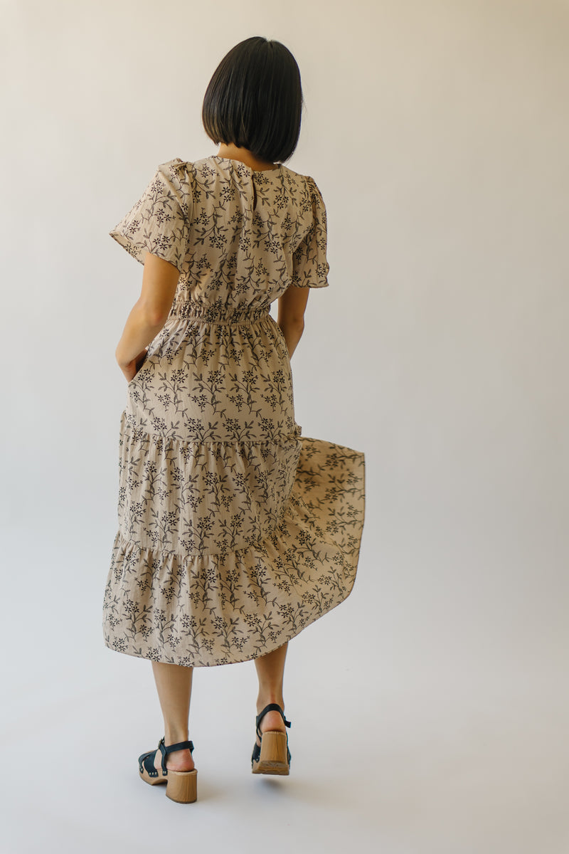 The Dallimore Cinch Waist Midi Dress in Taupe Floral