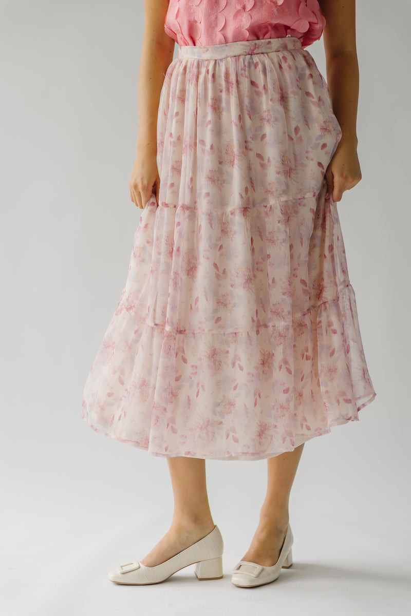 The Thaxton Floral Tiered Midi Skirt in Blush