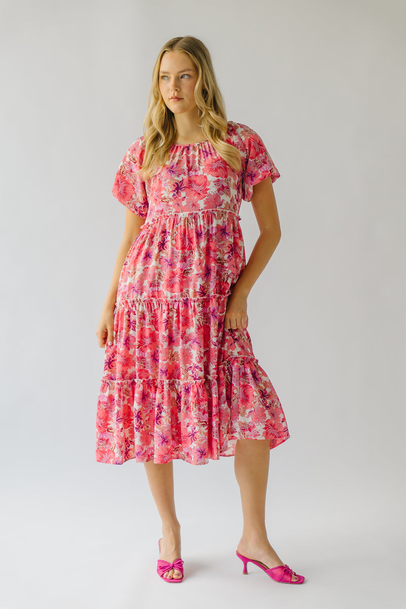 The Hetzler Tiered Floral Midi Dress in Pink Cosmos