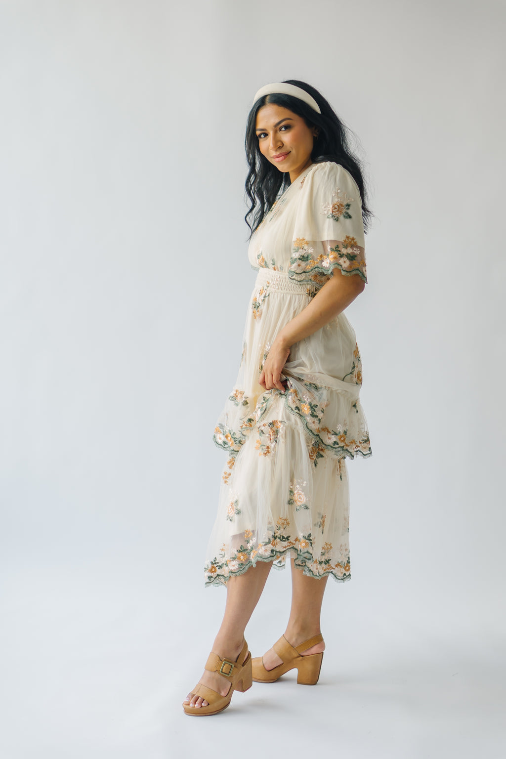 The Jacobsen Embroidered Midi Dress in Light Taupe