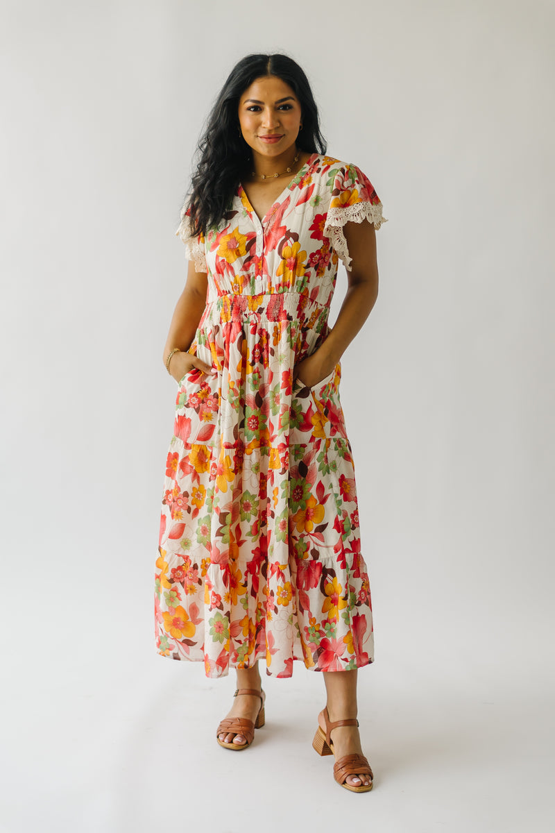The Lenoch Tiered Midi Dress in Red Floral
