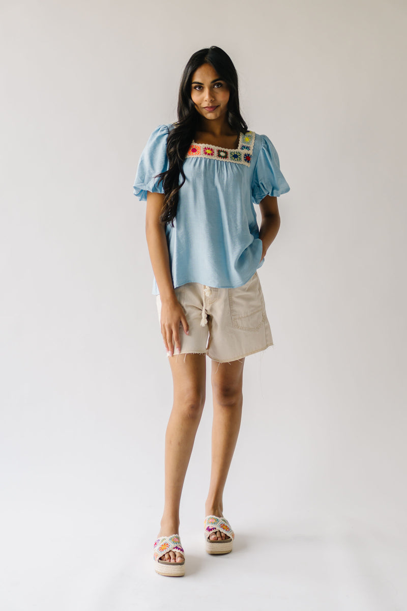The Drake Crochet Puff Sleeve Blouse in Blue