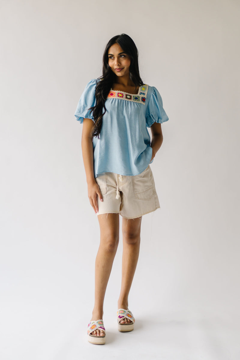The Drake Crochet Puff Sleeve Blouse in Blue