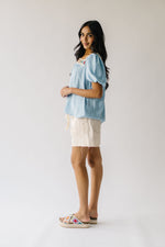 The Drake Crochet Puff Sleeve Blouse in Blue
