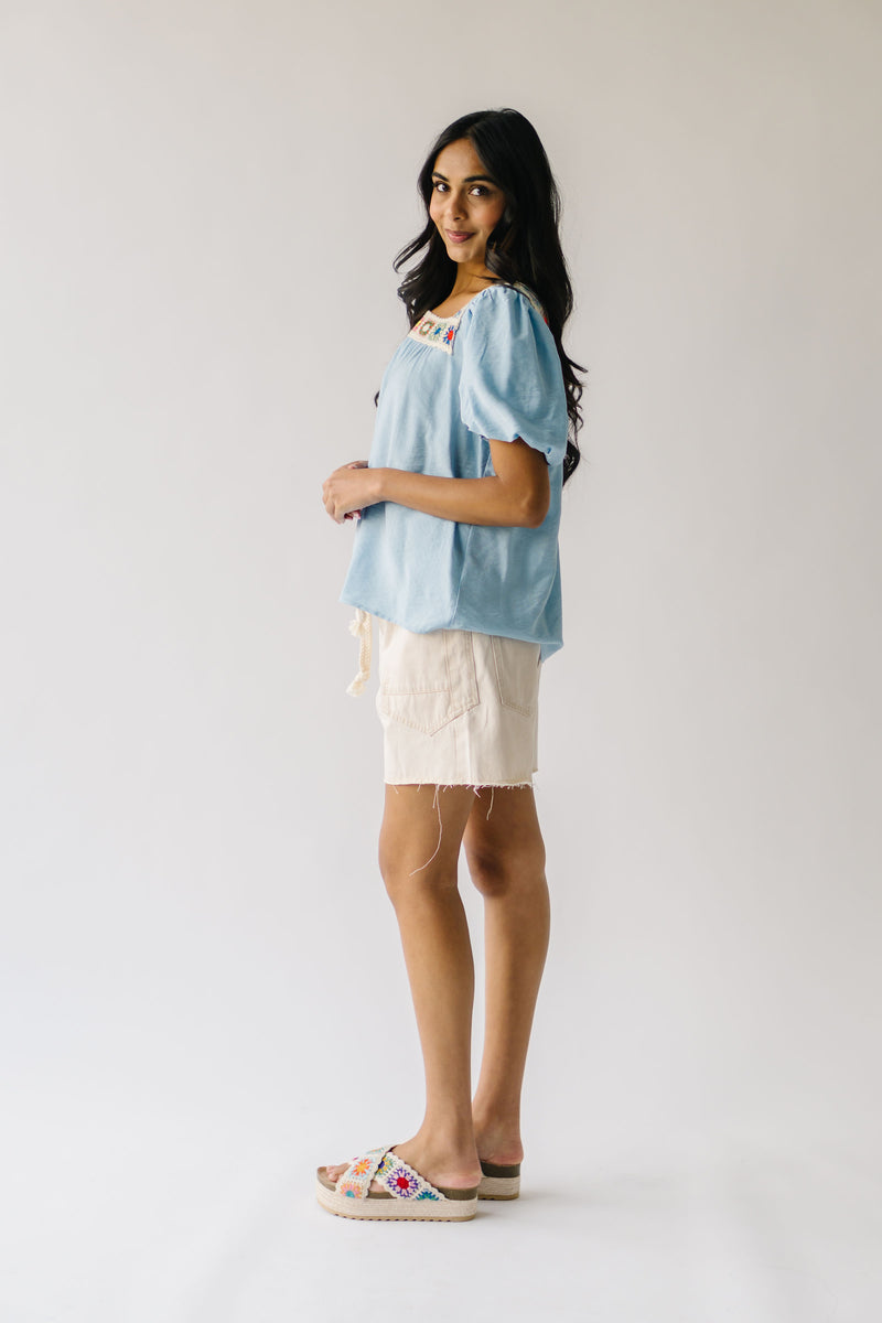 The Drake Crochet Puff Sleeve Blouse in Blue