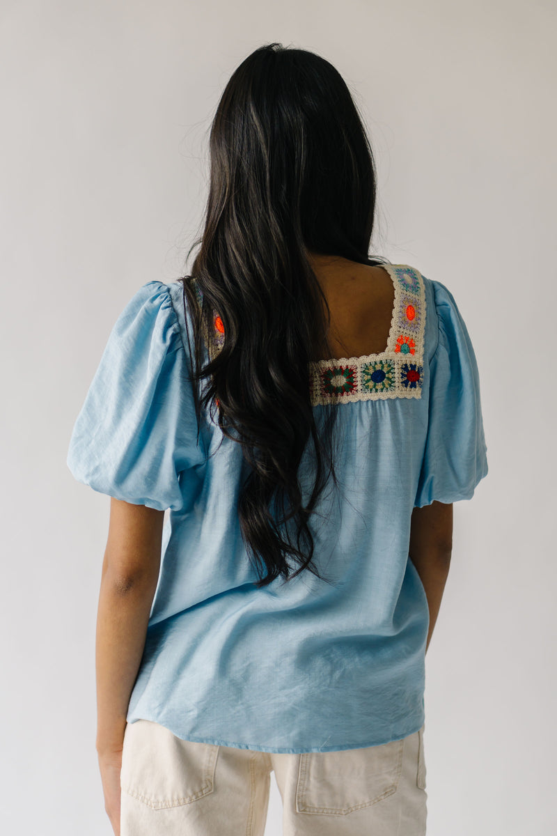 The Drake Crochet Puff Sleeve Blouse in Blue